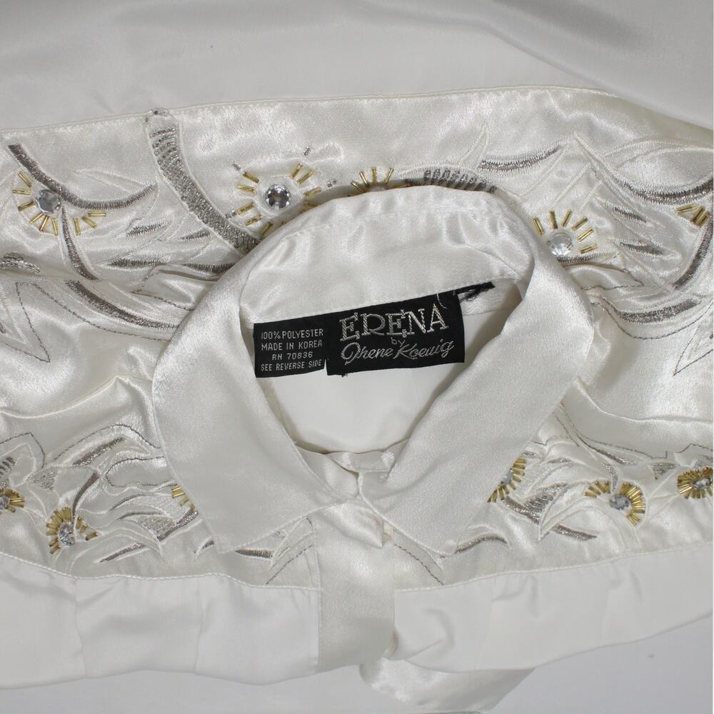 Vintage Erena by Irene Koenig Satin Blouse Ivory Embellished Yoke 80s XS/S - Picture 12 of 16